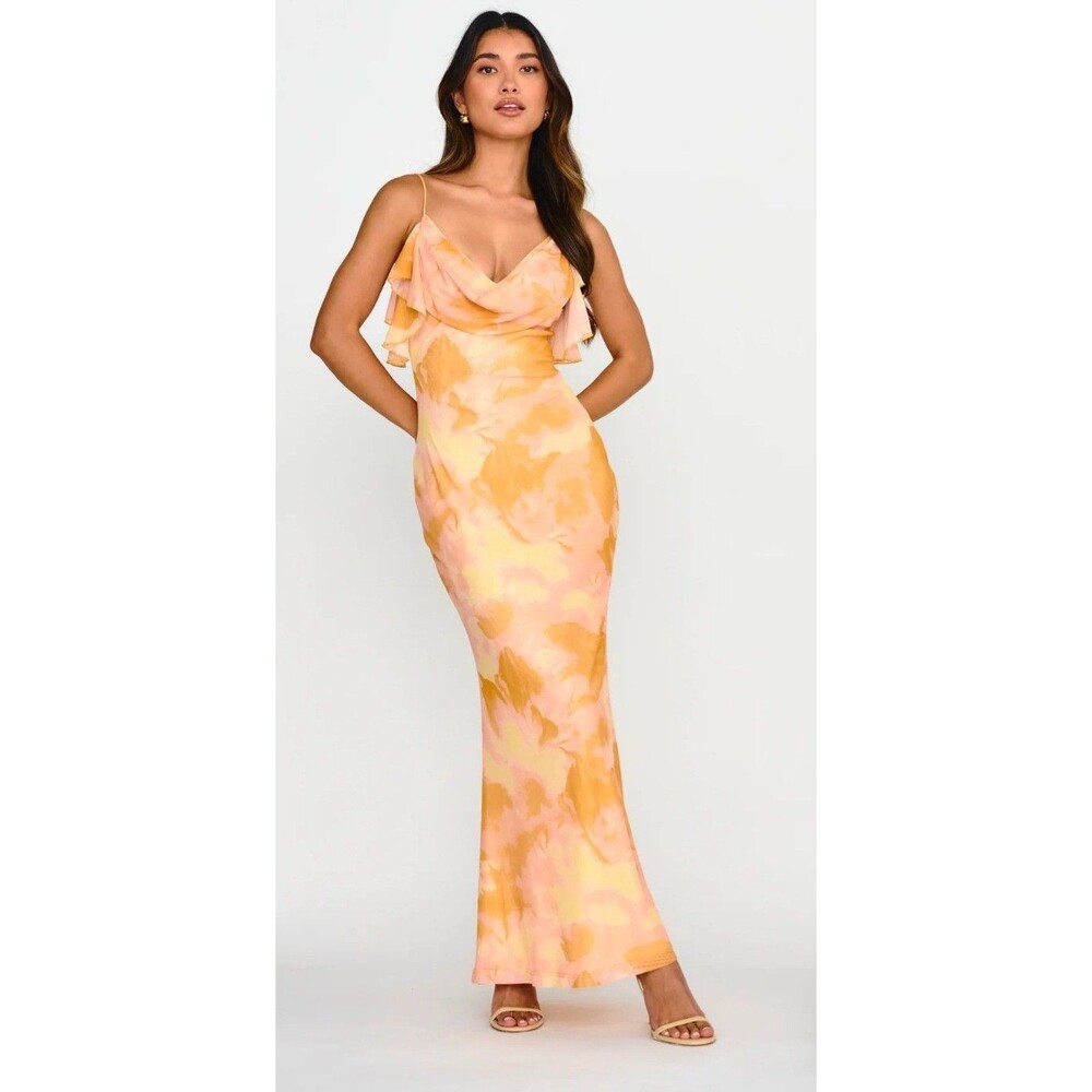 SELFIE LESLIE Jannie Draped Neckline Sz S Cami Dress Abstract Yellow/ Peach NWT